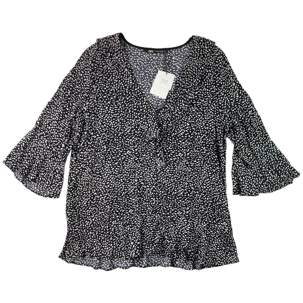 ZARA Women's Sz Large Blouse Black White Dot Print Ruffle Front Hem Sleeves NWT